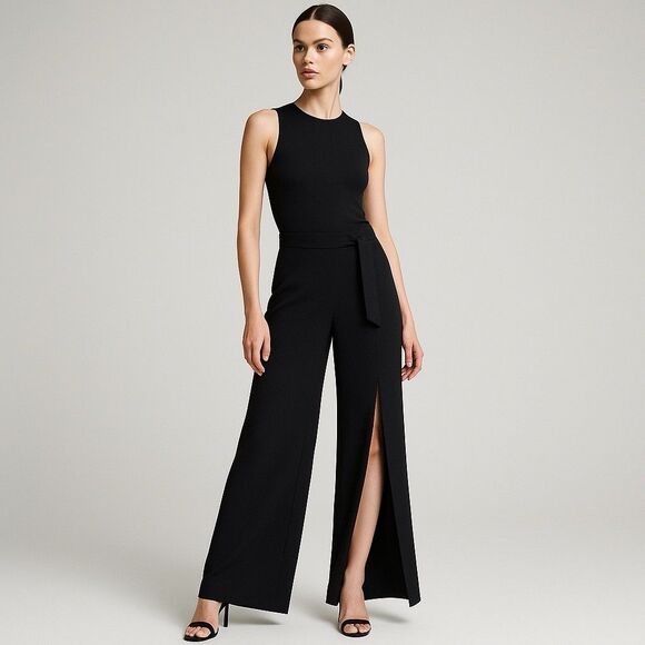 Cache Overlay Wide Leg Pants Size 4 Y2K Slit Black NWT Statement Trousers - Picture 15 of 16